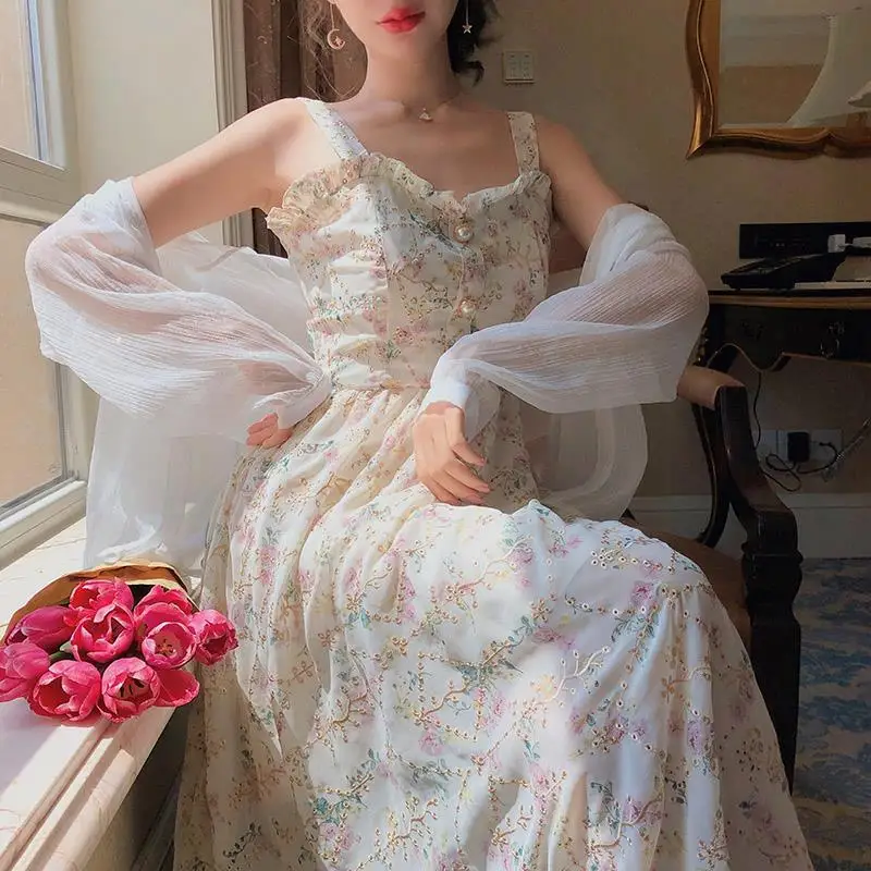 Women Summer Print Floral Midi Dress Vintage Franch Style Female Strapless Party Dress Casual Holiday Lady Boho Vestido
