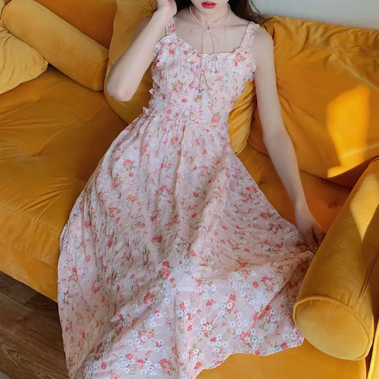 Women Summer Print Floral Midi Dress Vintage Franch Style Female Strapless Party Dress Casual Holiday Lady Boho Vestido