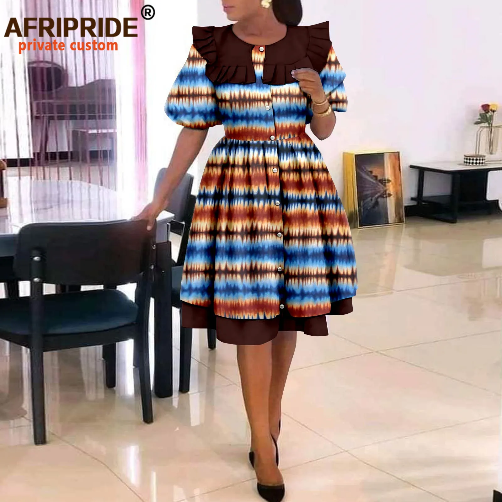 African Dresses for Women Elegant Party Short Sleeve High Waist Print A-line Dress Ankara Attire Traditional Outfits A2225029
