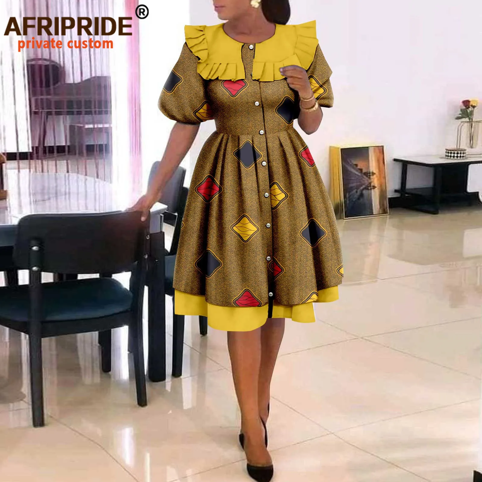African Dresses for Women Elegant Party Short Sleeve High Waist Print A-line Dress Ankara Attire Traditional Outfits A2225029