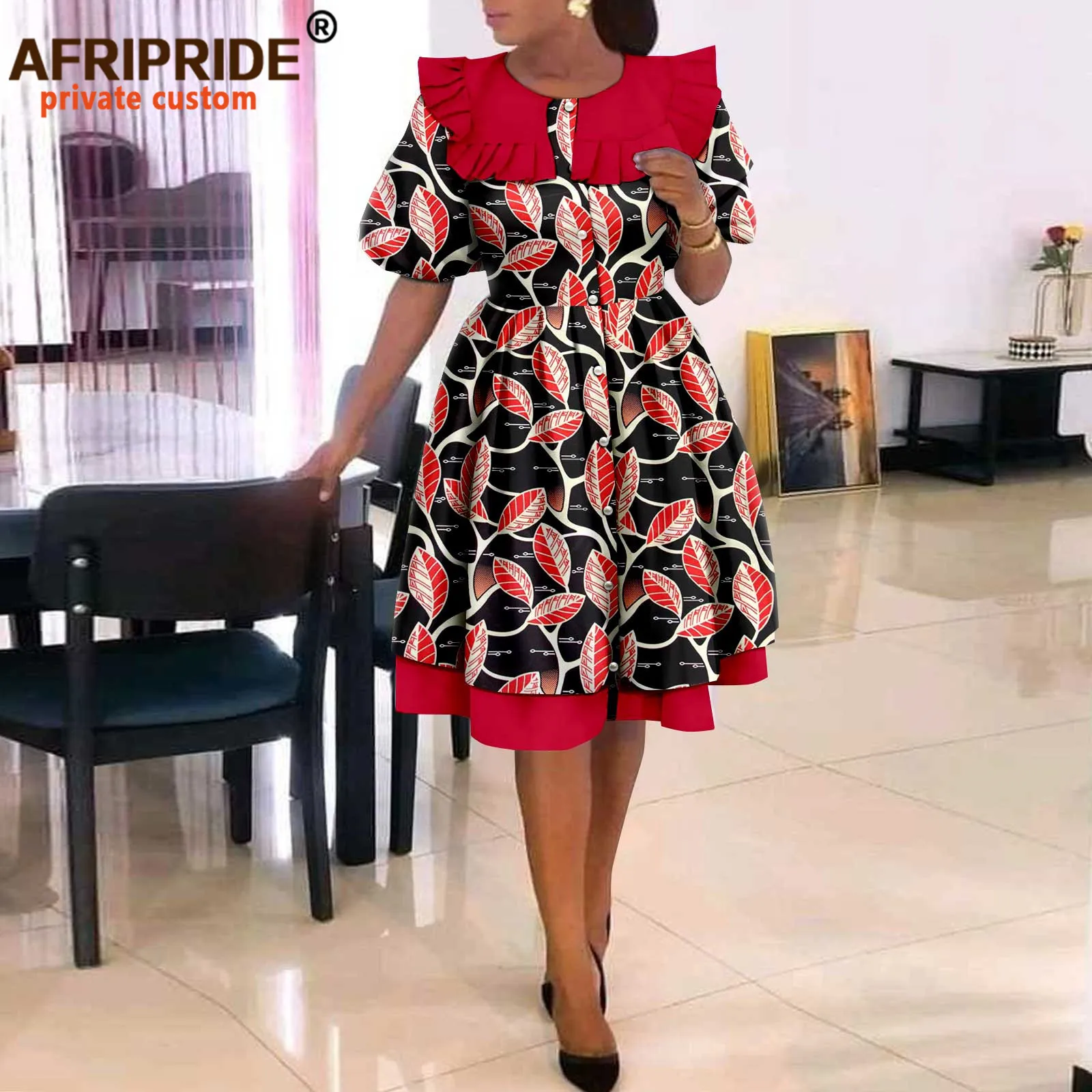 African Dresses for Women Elegant Party Short Sleeve High Waist Print A-line Dress Ankara Attire Traditional Outfits A2225029
