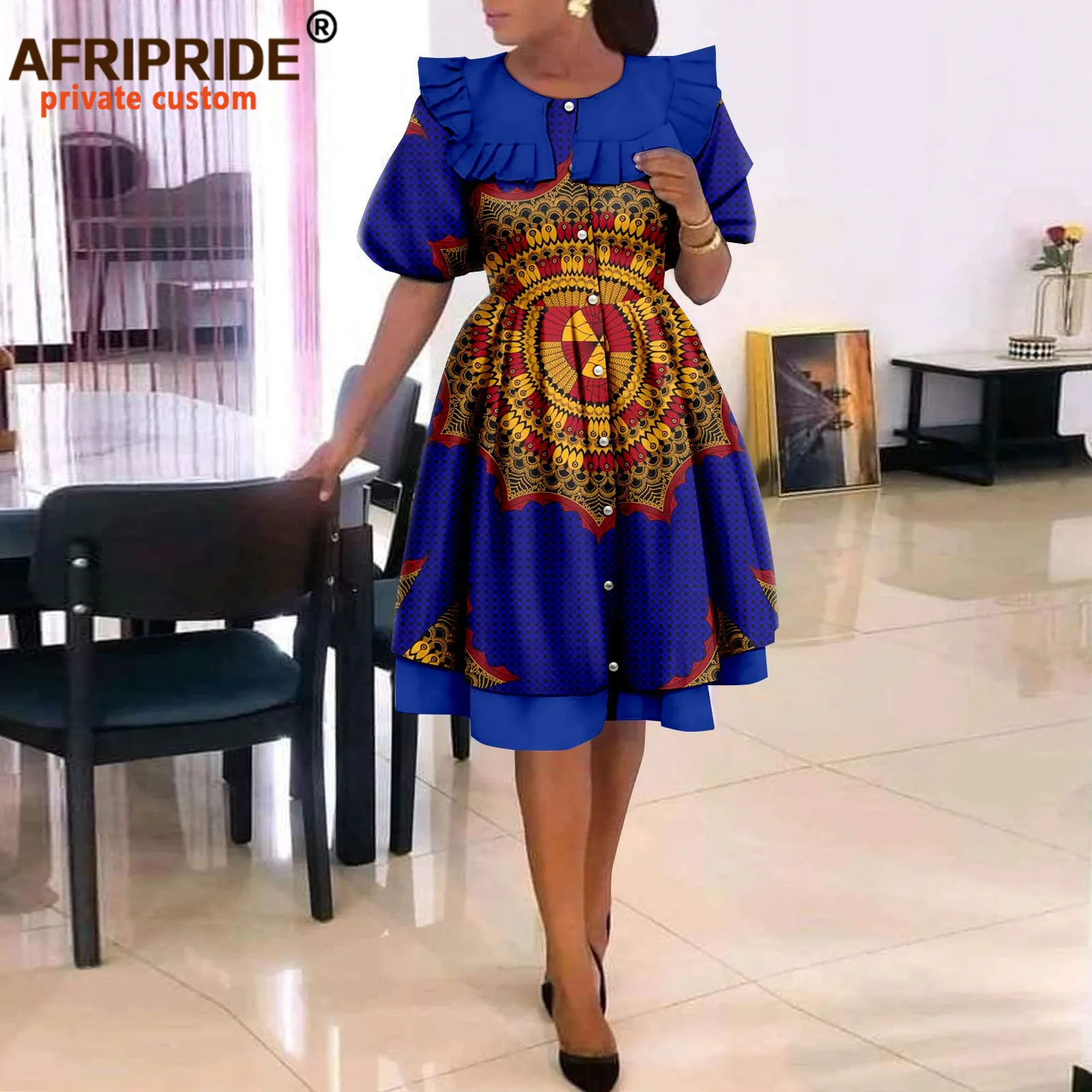 African Dresses for Women Elegant Party Short Sleeve High Waist Print A-line Dress Ankara Attire Traditional Outfits A2225029