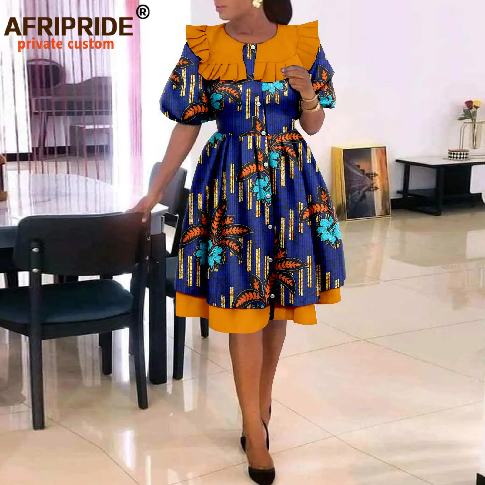 African Dresses for Women Elegant Party Short Sleeve High Waist Print A-line Dress Ankara Attire Traditional Outfits A2225029