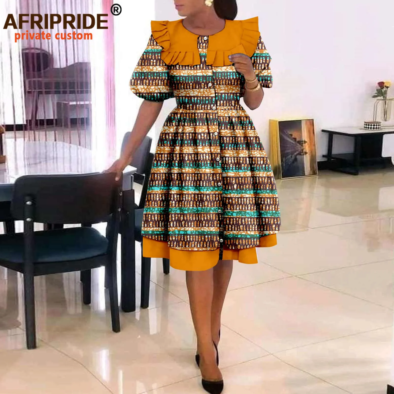 African Dresses for Women Elegant Party Short Sleeve High Waist Print A-line Dress Ankara Attire Traditional Outfits A2225029