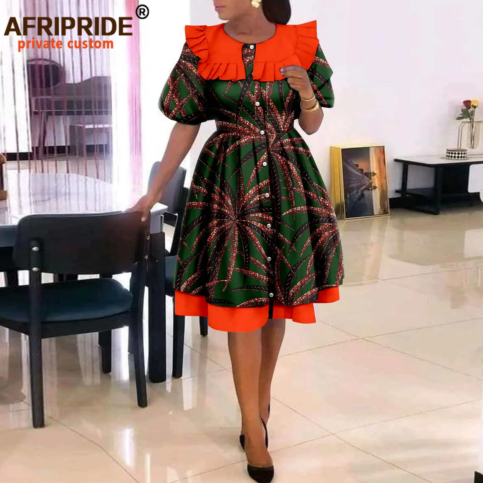 African Dresses for Women Elegant Party Short Sleeve High Waist Print A-line Dress Ankara Attire Traditional Outfits A2225029