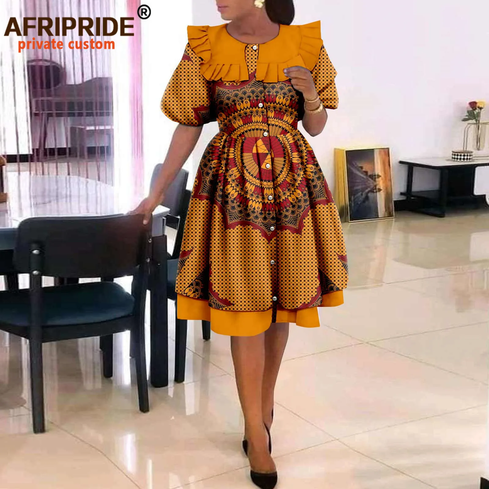 African Dresses for Women Elegant Party Short Sleeve High Waist Print A-line Dress Ankara Attire Traditional Outfits A2225029