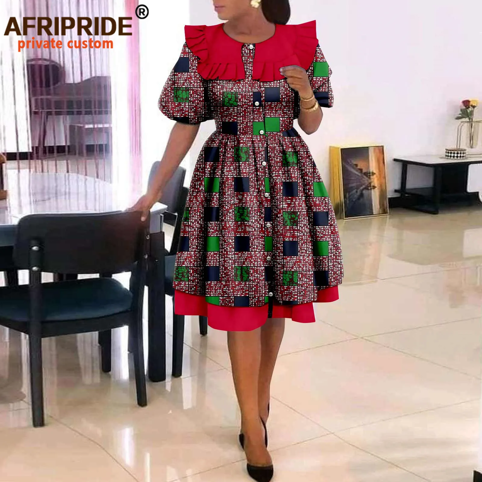 African Dresses for Women Elegant Party Short Sleeve High Waist Print A-line Dress Ankara Attire Traditional Outfits A2225029