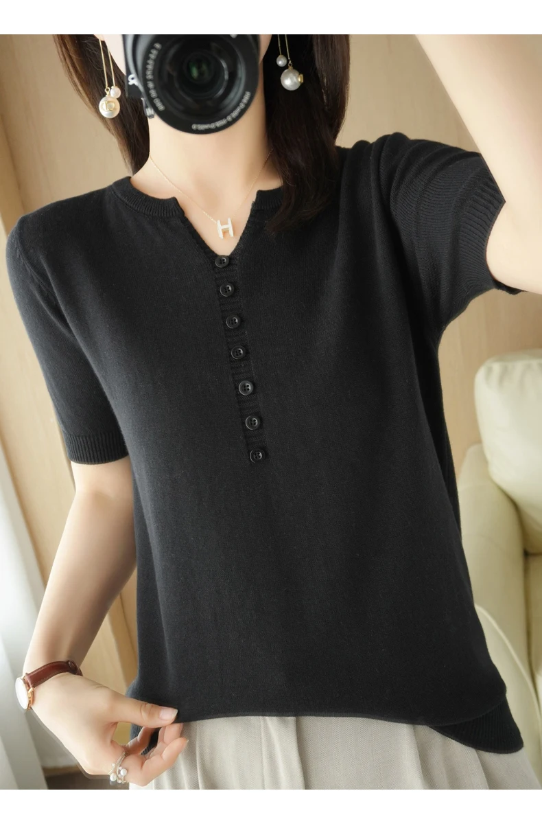 Summer New Short-sleeved Women V-Neck Slim 100% Cotton Pullover Vest T-shirt Button Decoration Knitted Base Casual Sweater