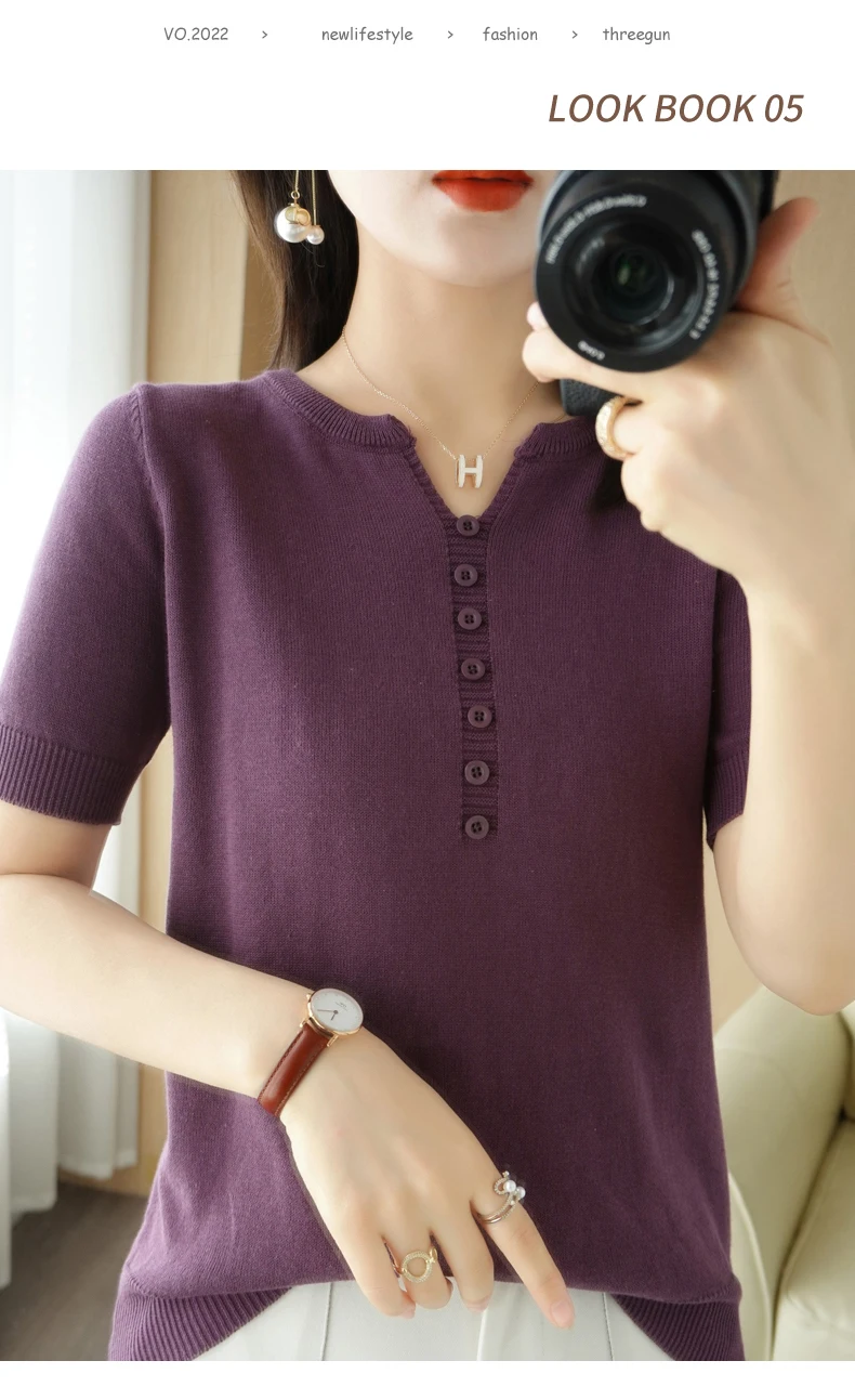 Summer New Short-sleeved Women V-Neck Slim 100% Cotton Pullover Vest T-shirt Button Decoration Knitted Base Casual Sweater