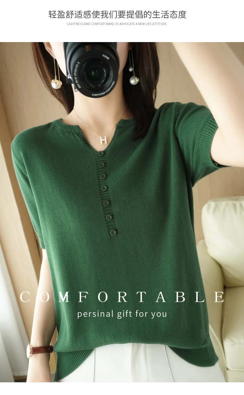 Summer New Short-sleeved Women V-Neck Slim 100% Cotton Pullover Vest T-shirt Button Decoration Knitted Base Casual Sweater