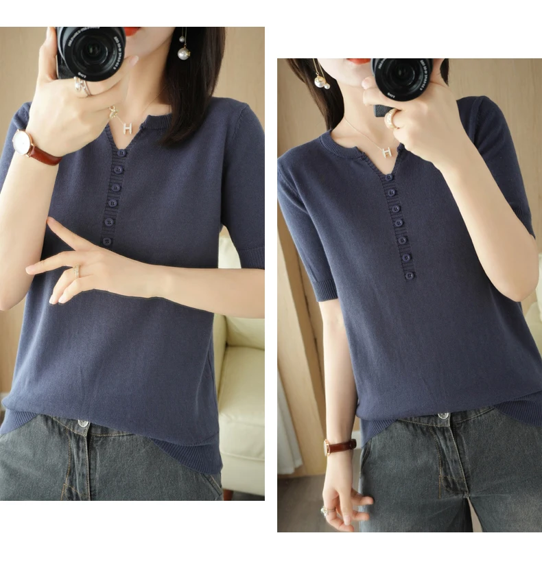 Summer New Short-sleeved Women V-Neck Slim 100% Cotton Pullover Vest T-shirt Button Decoration Knitted Base Casual Sweater