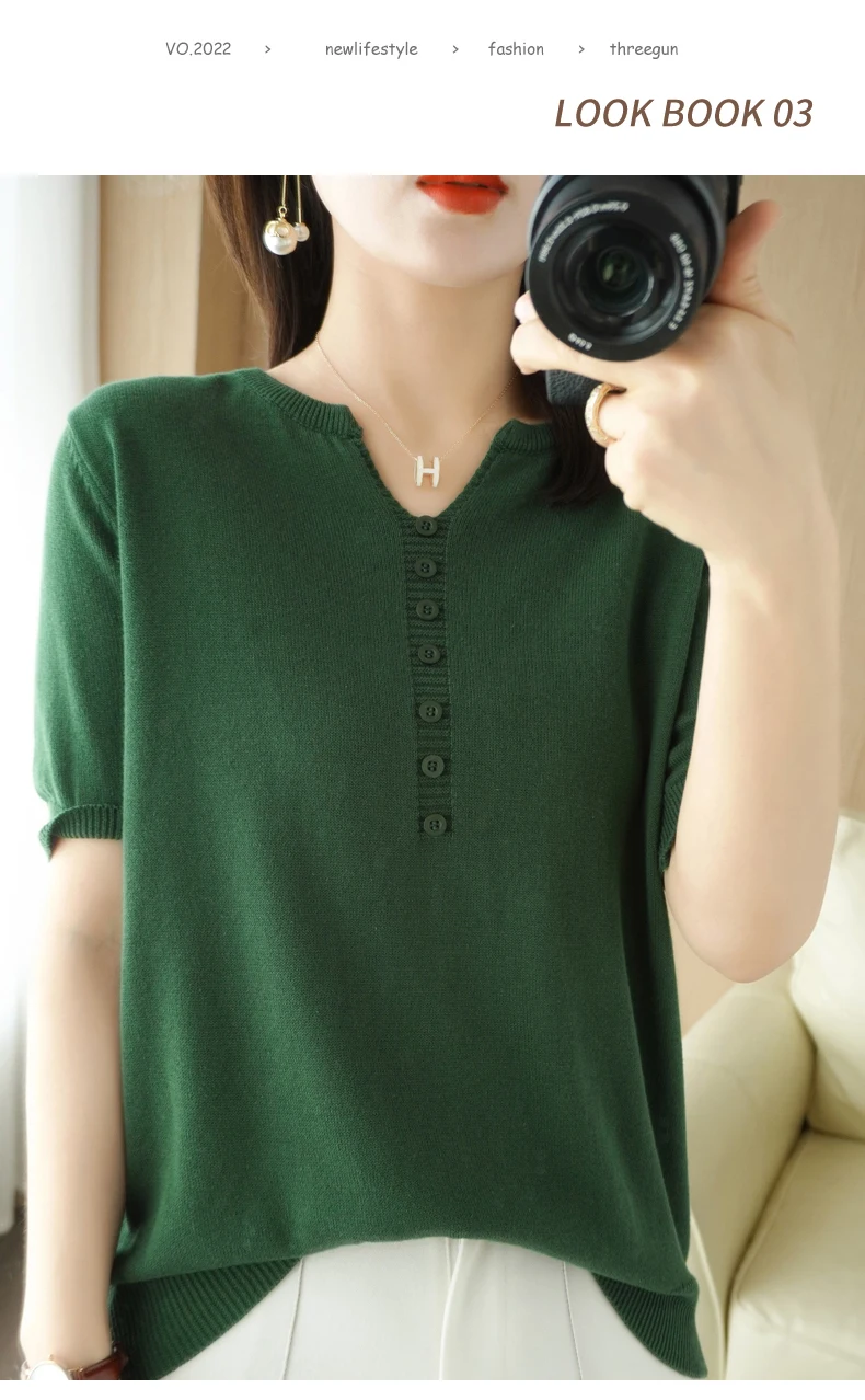Summer New Short-sleeved Women V-Neck Slim 100% Cotton Pullover Vest T-shirt Button Decoration Knitted Base Casual Sweater