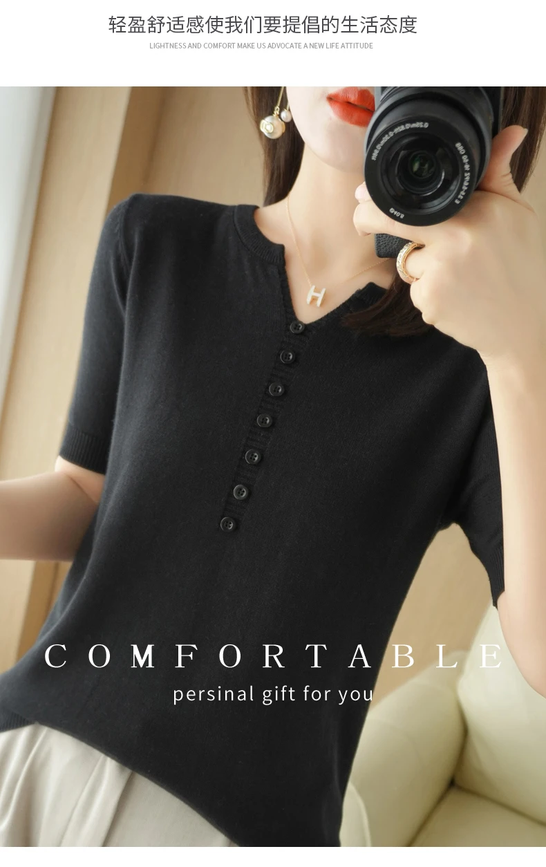 Summer New Short-sleeved Women V-Neck Slim 100% Cotton Pullover Vest T-shirt Button Decoration Knitted Base Casual Sweater