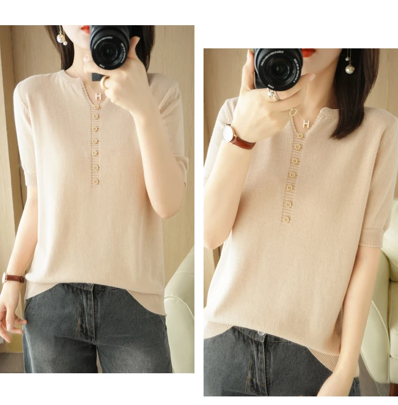 Summer New Short-sleeved Women V-Neck Slim 100% Cotton Pullover Vest T-shirt Button Decoration Knitted Base Casual Sweater