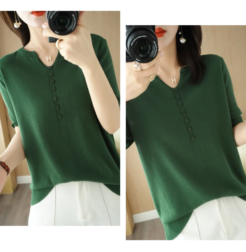 Summer New Short-sleeved Women V-Neck Slim 100% Cotton Pullover Vest T-shirt Button Decoration Knitted Base Casual Sweater