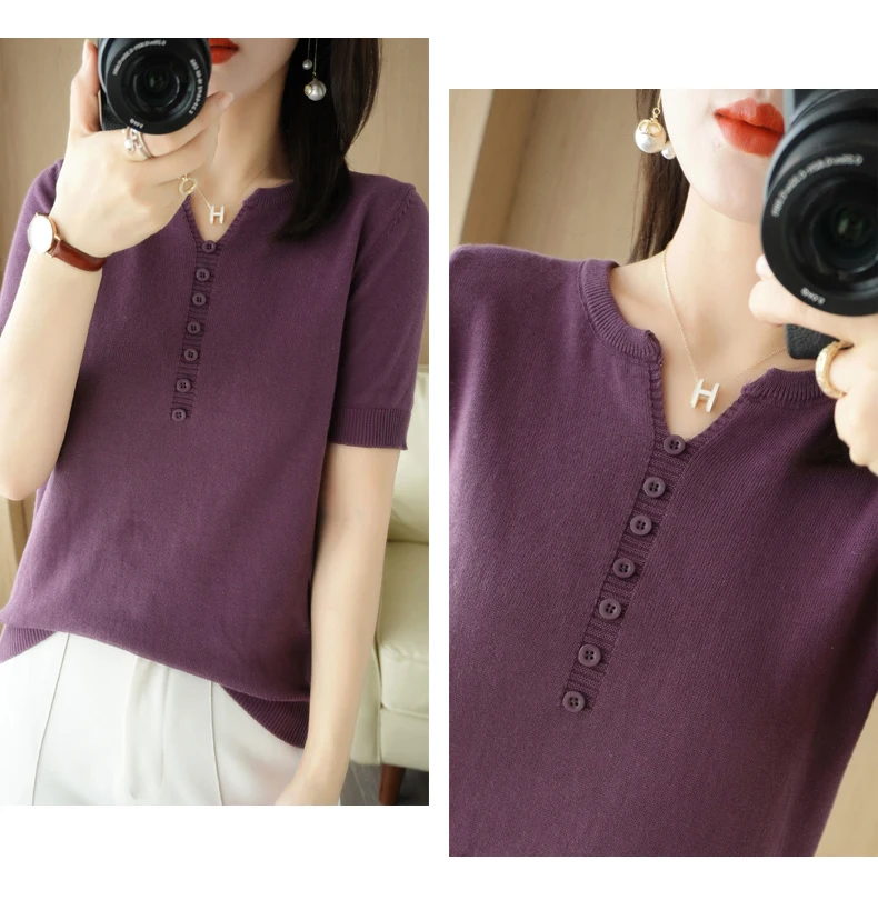 Summer New Short-sleeved Women V-Neck Slim 100% Cotton Pullover Vest T-shirt Button Decoration Knitted Base Casual Sweater