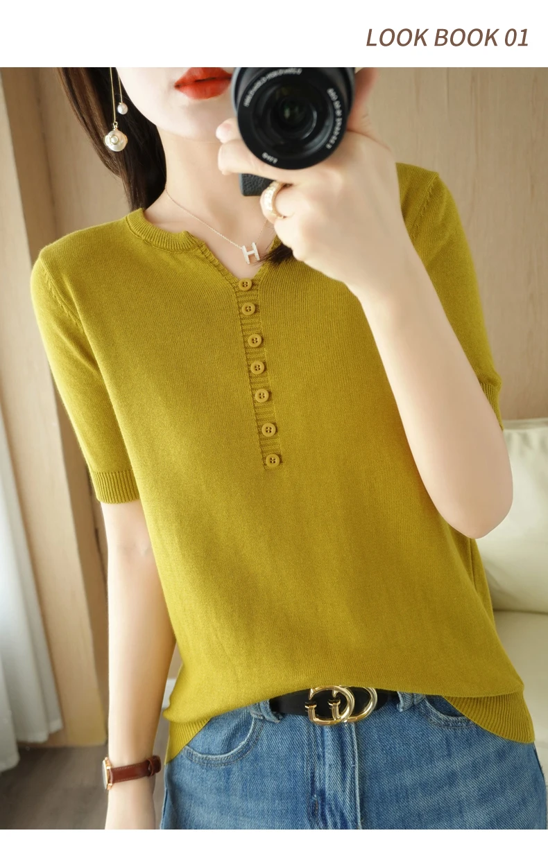 Summer New Short-sleeved Women V-Neck Slim 100% Cotton Pullover Vest T-shirt Button Decoration Knitted Base Casual Sweater