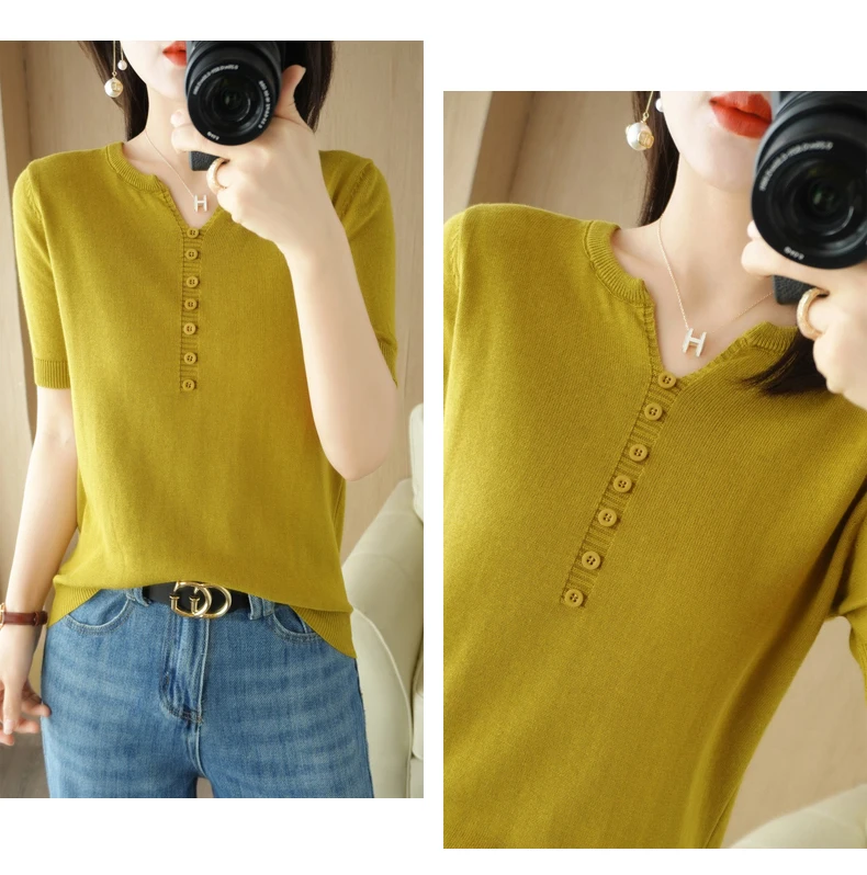 Summer New Short-sleeved Women V-Neck Slim 100% Cotton Pullover Vest T-shirt Button Decoration Knitted Base Casual Sweater