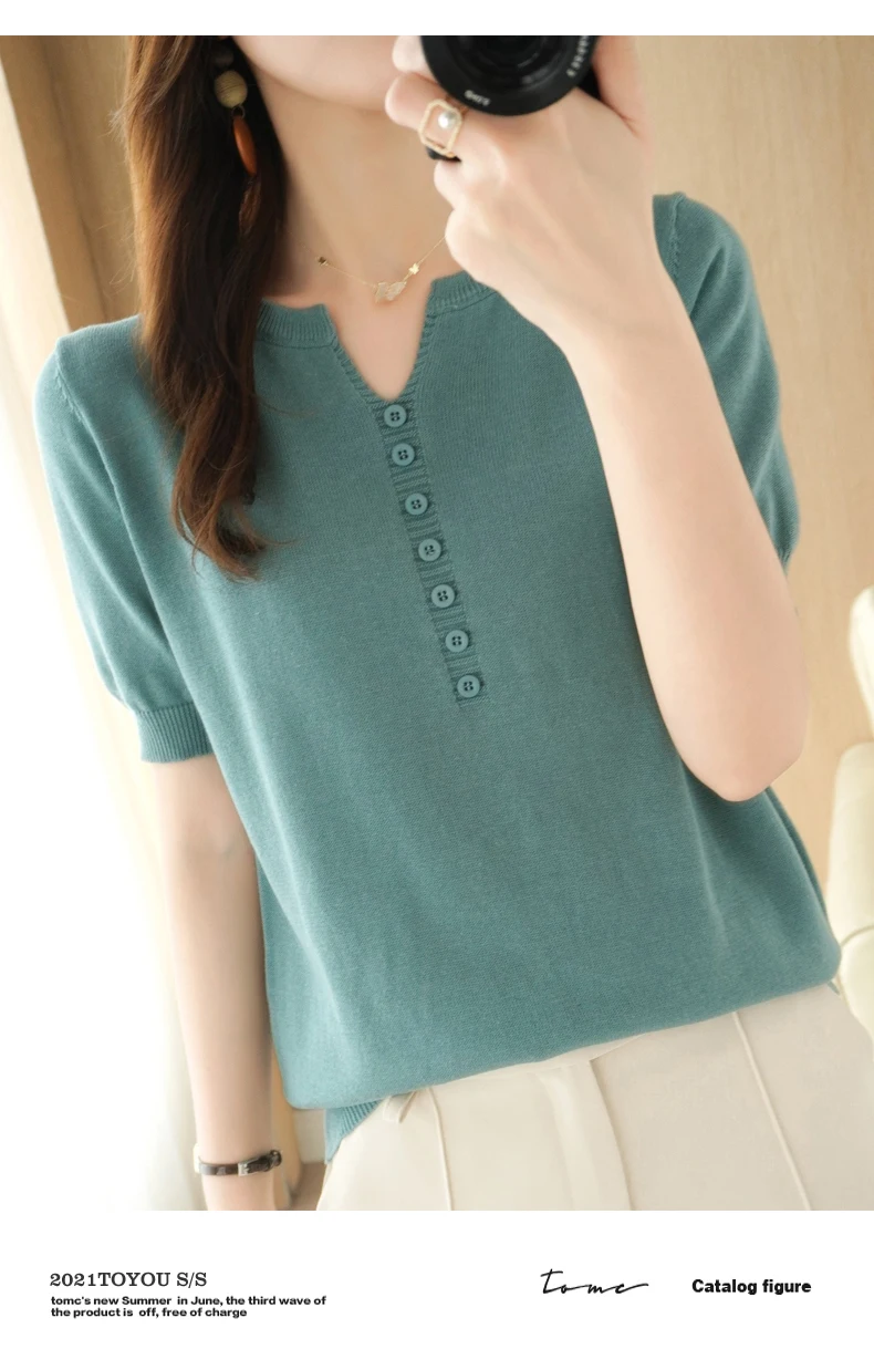 Summer New Short-sleeved Women V-Neck Slim 100% Cotton Pullover Vest T-shirt Button Decoration Knitted Base Casual Sweater