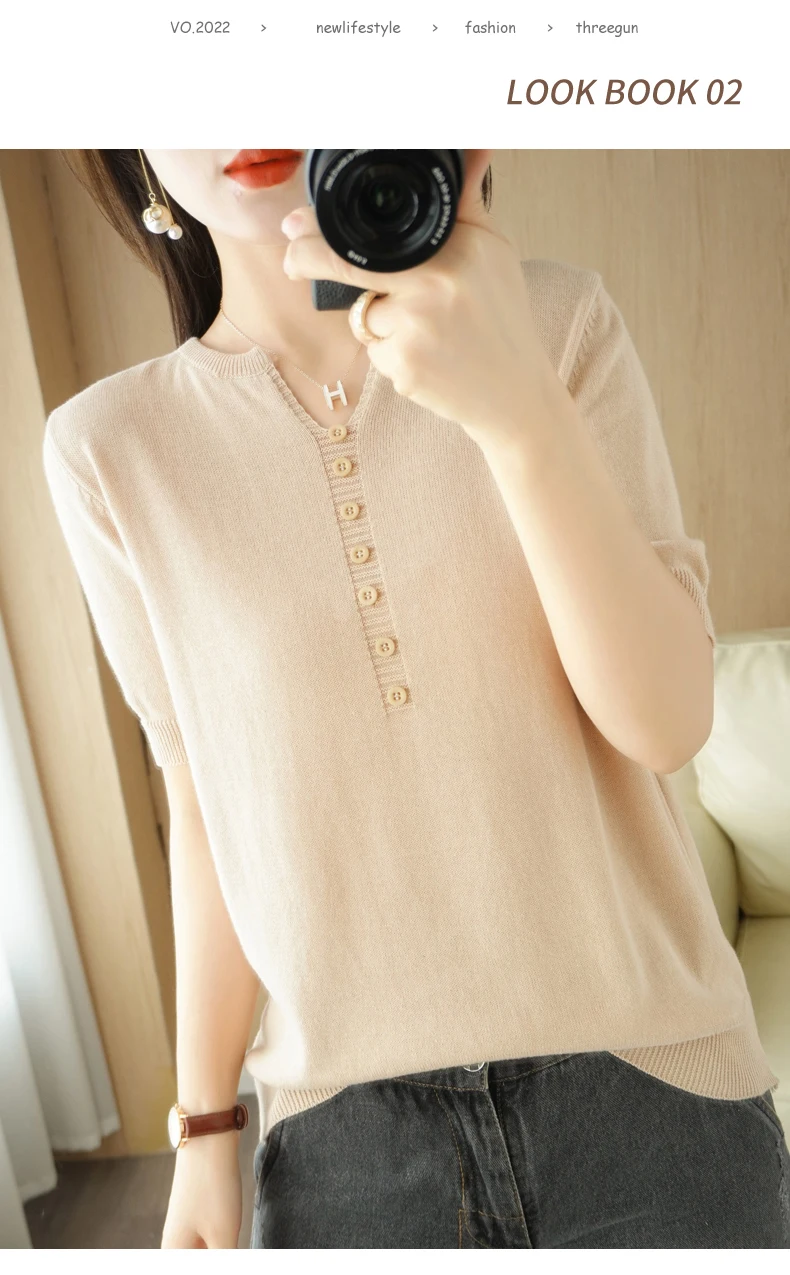 Summer New Short-sleeved Women V-Neck Slim 100% Cotton Pullover Vest T-shirt Button Decoration Knitted Base Casual Sweater