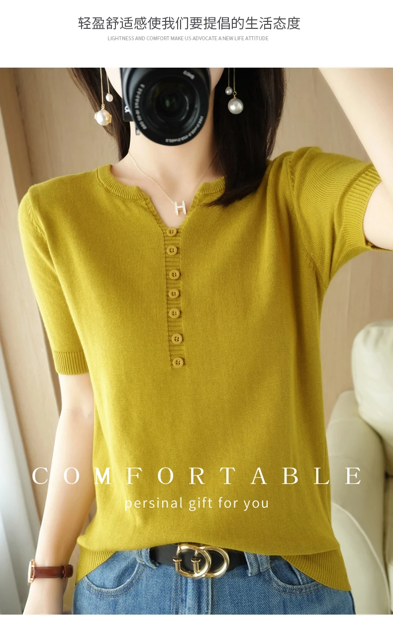 Summer New Short-sleeved Women V-Neck Slim 100% Cotton Pullover Vest T-shirt Button Decoration Knitted Base Casual Sweater
