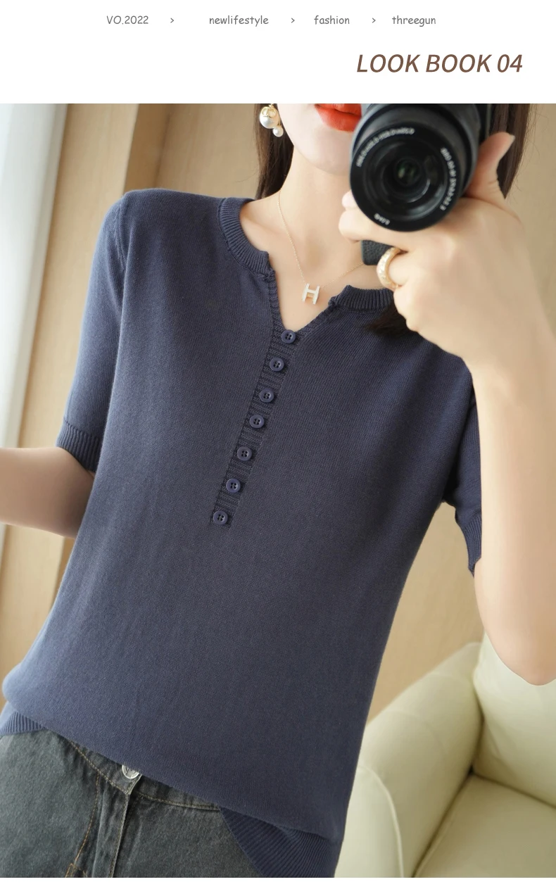 Summer New Short-sleeved Women V-Neck Slim 100% Cotton Pullover Vest T-shirt Button Decoration Knitted Base Casual Sweater