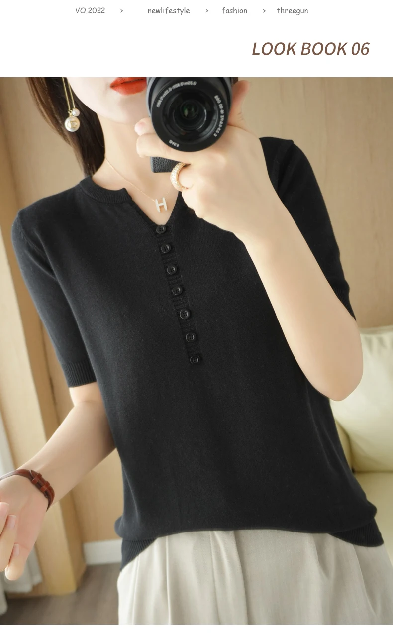Summer New Short-sleeved Women V-Neck Slim 100% Cotton Pullover Vest T-shirt Button Decoration Knitted Base Casual Sweater