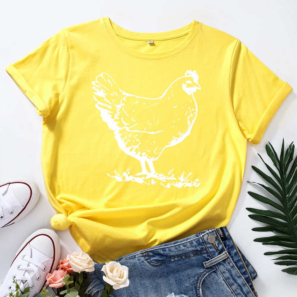 White Hen Chicken Print T Shirt Women Short Sleeve O Neck Loose Tshirt Summer Women Tee Shirt Tops Camisetas Mujer