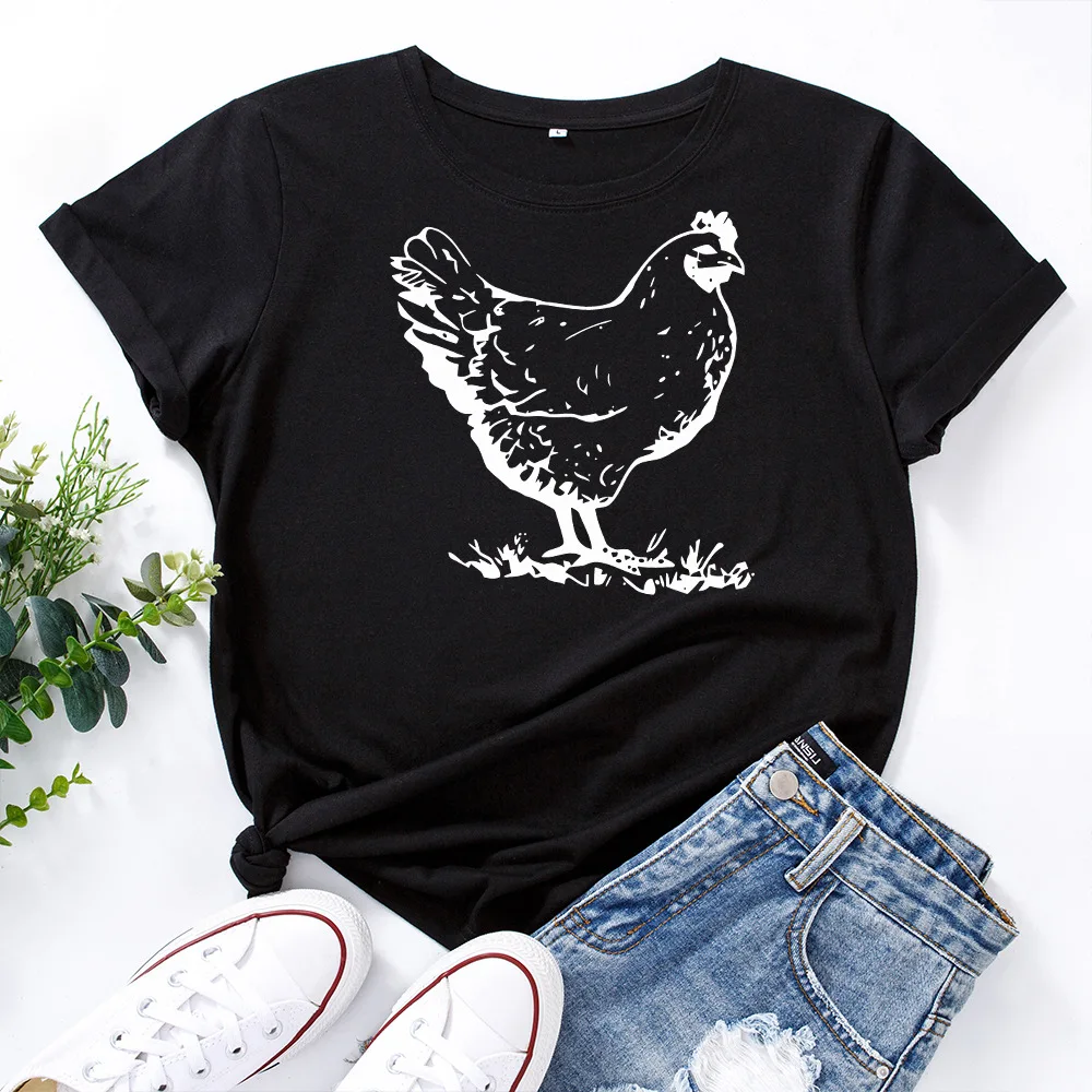 White Hen Chicken Print T Shirt Women Short Sleeve O Neck Loose Tshirt Summer Women Tee Shirt Tops Camisetas Mujer