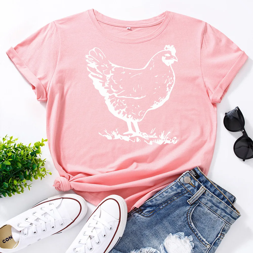 White Hen Chicken Print T Shirt Women Short Sleeve O Neck Loose Tshirt Summer Women Tee Shirt Tops Camisetas Mujer