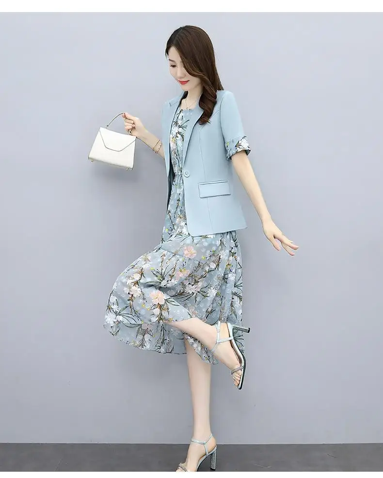 Single/Suit Women Knee Length Dress Suits Double Breasted Blazer Long Sleeve Dresses Ladies Office Wear 2 Piece Set Green Suit