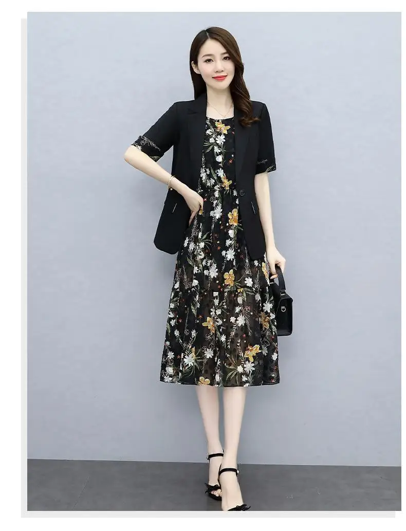 Single/Suit Women Knee Length Dress Suits Double Breasted Blazer Long Sleeve Dresses Ladies Office Wear 2 Piece Set Green Suit