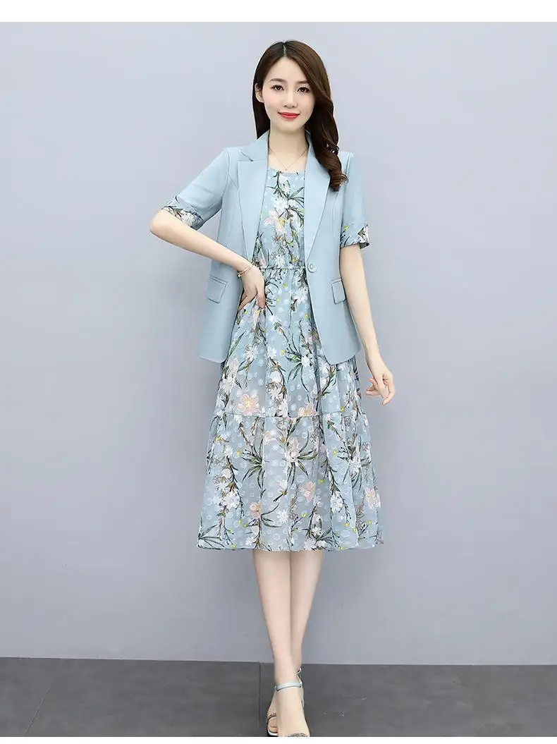 Single/Suit Women Knee Length Dress Suits Double Breasted Blazer Long Sleeve Dresses Ladies Office Wear 2 Piece Set Green Suit