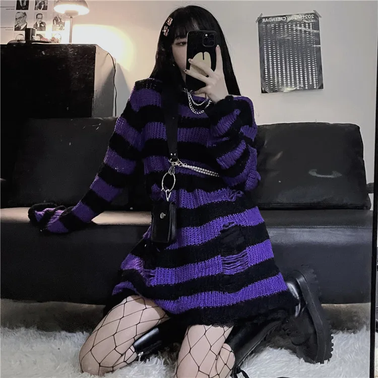 Karrram Goth Sweater Purple Striped Punk Style Lolita Pullover Japanese Harajuku Hollow Out Knitted Jumpers Alt Clothes E-girls
