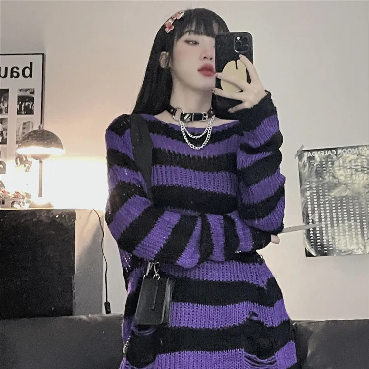 Karrram Goth Sweater Purple Striped Punk Style Lolita Pullover Japanese Harajuku Hollow Out Knitted Jumpers Alt Clothes E-girls