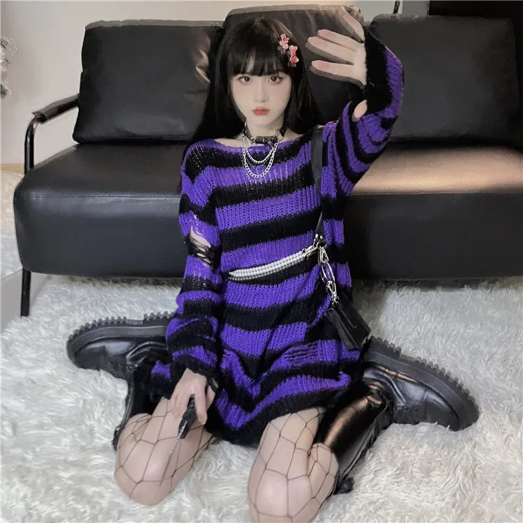 Karrram Goth Sweater Purple Striped Punk Style Lolita Pullover Japanese Harajuku Hollow Out Knitted Jumpers Alt Clothes E-girls
