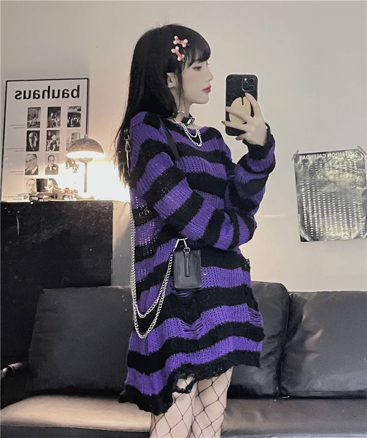 Karrram Goth Sweater Purple Striped Punk Style Lolita Pullover Japanese Harajuku Hollow Out Knitted Jumpers Alt Clothes E-girls