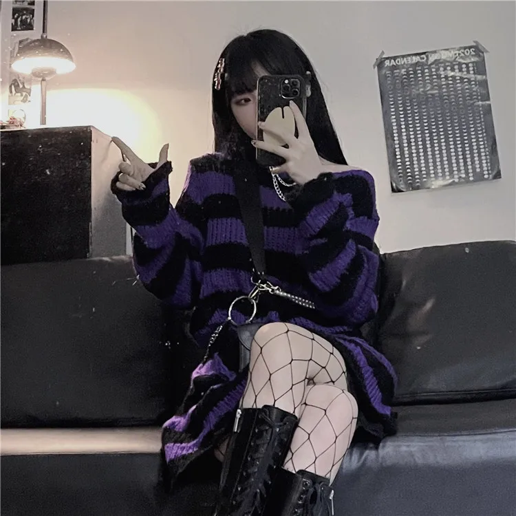 Karrram Goth Sweater Purple Striped Punk Style Lolita Pullover Japanese Harajuku Hollow Out Knitted Jumpers Alt Clothes E-girls