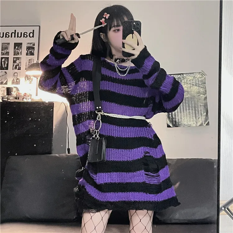 Karrram Goth Sweater Purple Striped Punk Style Lolita Pullover Japanese Harajuku Hollow Out Knitted Jumpers Alt Clothes E-girls