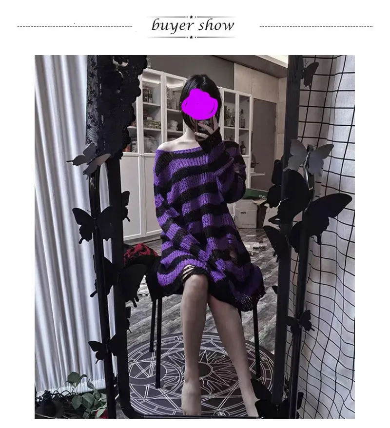 Karrram Goth Sweater Purple Striped Punk Style Lolita Pullover Japanese Harajuku Hollow Out Knitted Jumpers Alt Clothes E-girls