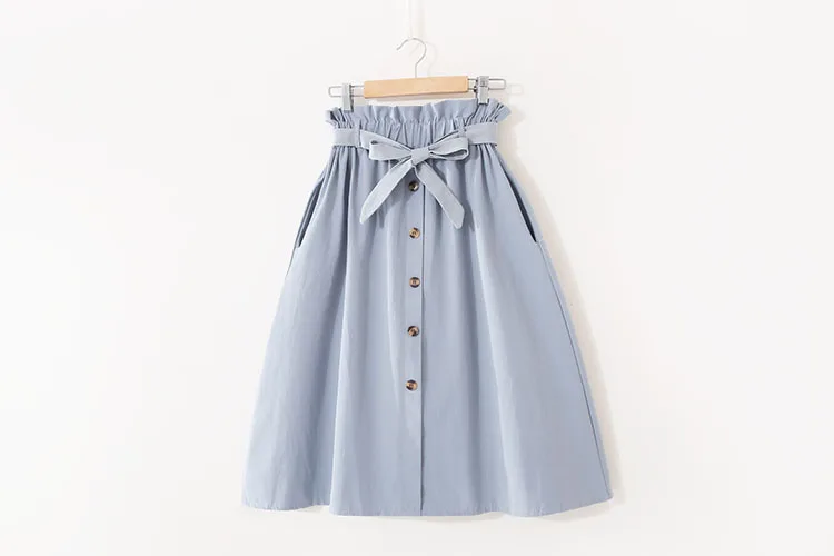 Women Casual Cotton Skirts Spring Summer Korean Style Solid Elegant High Waist Single-Breasted Bow Lace Up A-Line Midi Skir