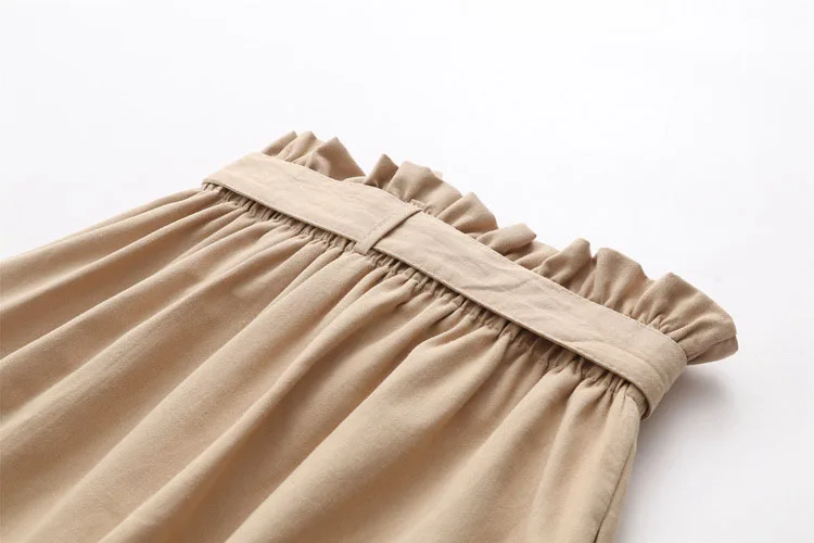 Women Casual Cotton Skirts Spring Summer Korean Style Solid Elegant High Waist Single-Breasted Bow Lace Up A-Line Midi Skir