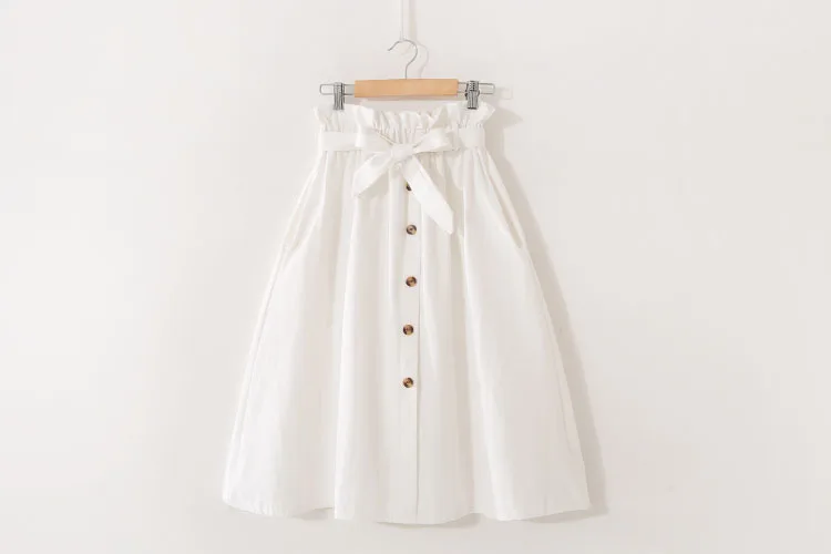 Women Casual Cotton Skirts Spring Summer Korean Style Solid Elegant High Waist Single-Breasted Bow Lace Up A-Line Midi Skir
