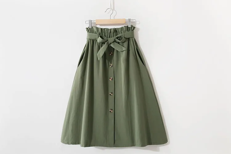 Women Casual Cotton Skirts Spring Summer Korean Style Solid Elegant High Waist Single-Breasted Bow Lace Up A-Line Midi Skir