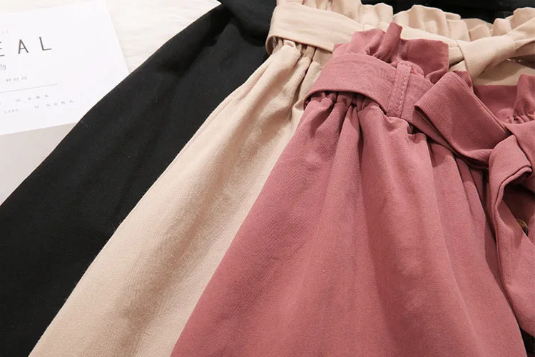 Women Casual Cotton Skirts Spring Summer Korean Style Solid Elegant High Waist Single-Breasted Bow Lace Up A-Line Midi Skir