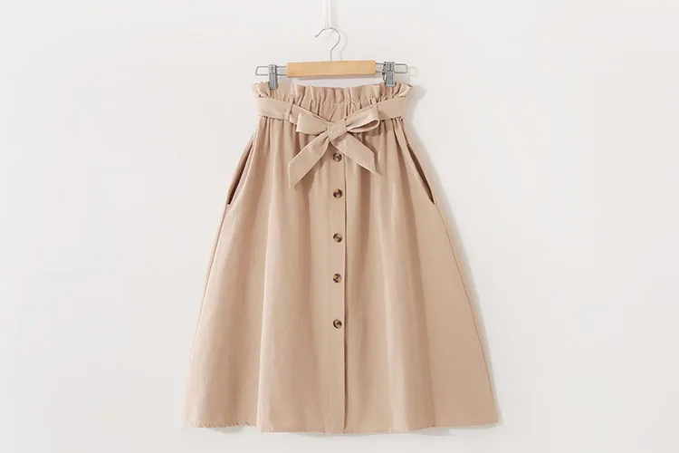 Women Casual Cotton Skirts Spring Summer Korean Style Solid Elegant High Waist Single-Breasted Bow Lace Up A-Line Midi Skir