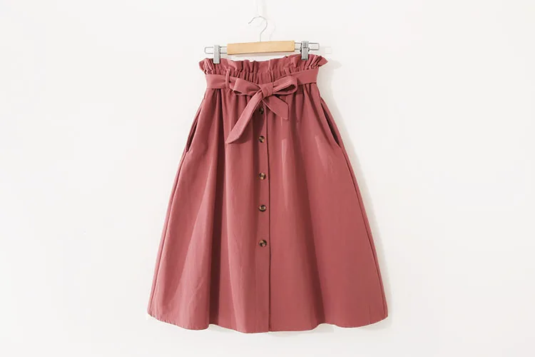 Women Casual Cotton Skirts Spring Summer Korean Style Solid Elegant High Waist Single-Breasted Bow Lace Up A-Line Midi Skir