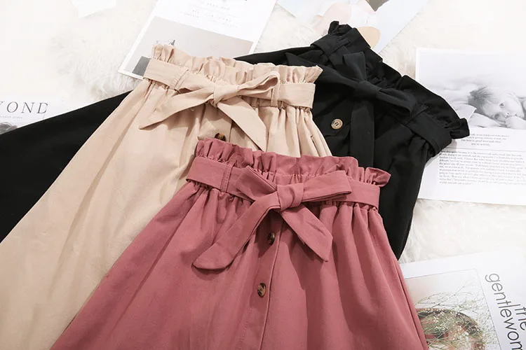 Women Casual Cotton Skirts Spring Summer Korean Style Solid Elegant High Waist Single-Breasted Bow Lace Up A-Line Midi Skir
