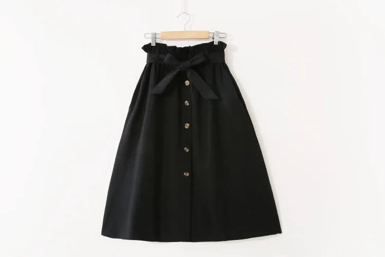 Women Casual Cotton Skirts Spring Summer Korean Style Solid Elegant High Waist Single-Breasted Bow Lace Up A-Line Midi Skir