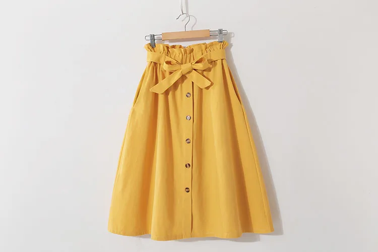 Women Casual Cotton Skirts Spring Summer Korean Style Solid Elegant High Waist Single-Breasted Bow Lace Up A-Line Midi Skir